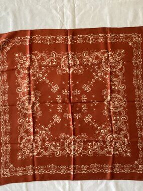 Vintage Burnt Orange Ornate Scroll Silk Scarf - 24" x 24"